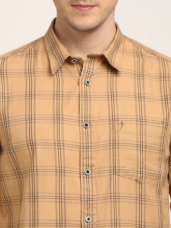 Indian Terrain Men's Regular Fit Full Sleeve Checkered Khaki Shirt